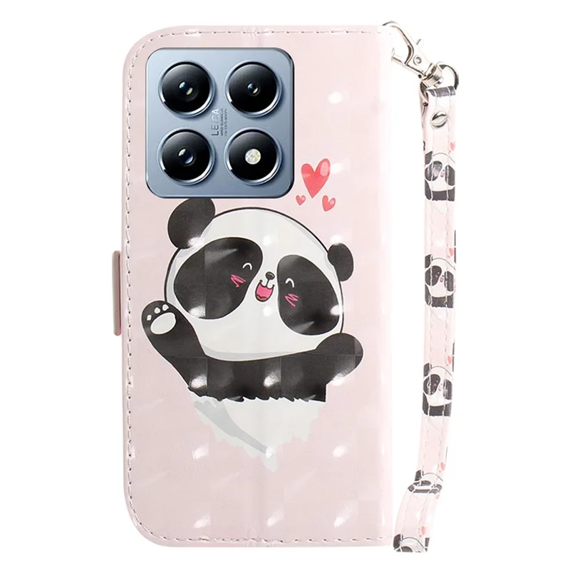 For Xiaomi 14T Pro Case Pattern Printing Leather Wallet Phone Cover with Wrist Strap - Love Heart Panda