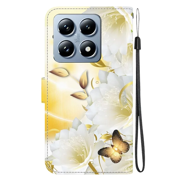 For Xiaomi 14T Wallet Phone Case Anti-Drop Leather Flip Cover Pattern Printing - Gold Butterfly Flower