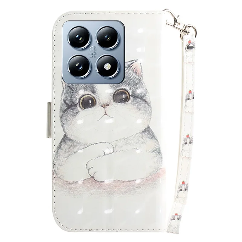 For Xiaomi 14T Case Pattern Printing Leather Wallet Phone Cover with Wrist Strap - Cute Cat