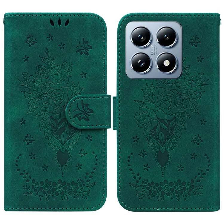 Funda para Xiaomi 14T Funda de Cartera de Piel de Poliuretano Funda de Teléfono Estampado de Mariposa y Flor - Verde