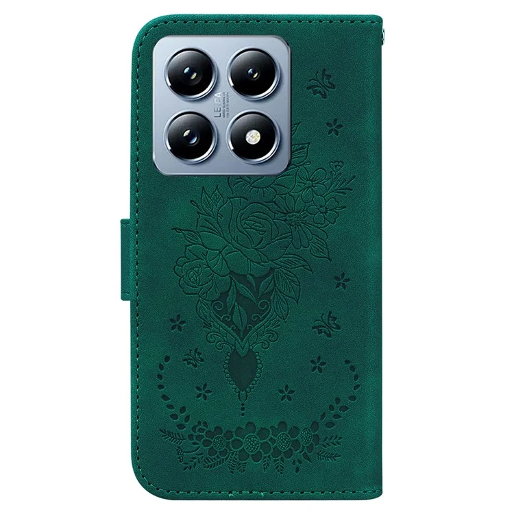 Funda para Xiaomi 14T Funda de Cartera de Piel de Poliuretano Funda de Teléfono Estampado de Mariposa y Flor - Verde
