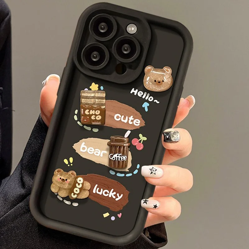 للهاتف iPhone 16 Pro غطاء واقي بتصميم ثلاثي الأبعاد على شكل دب وقهوة من مادة TPU - أسود