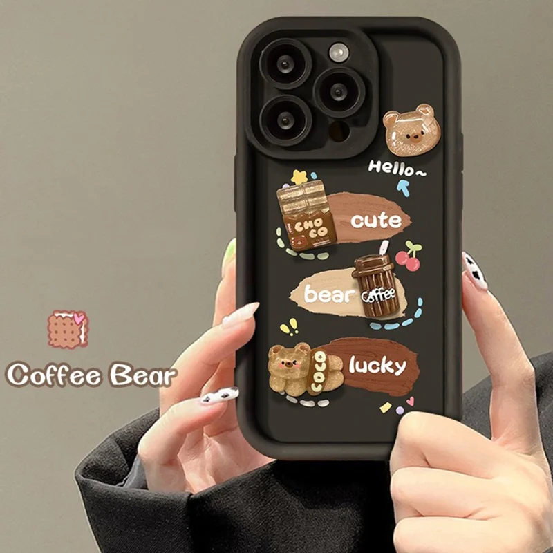 للهاتف iPhone 16 Pro غطاء واقي بتصميم ثلاثي الأبعاد على شكل دب وقهوة من مادة TPU - أسود