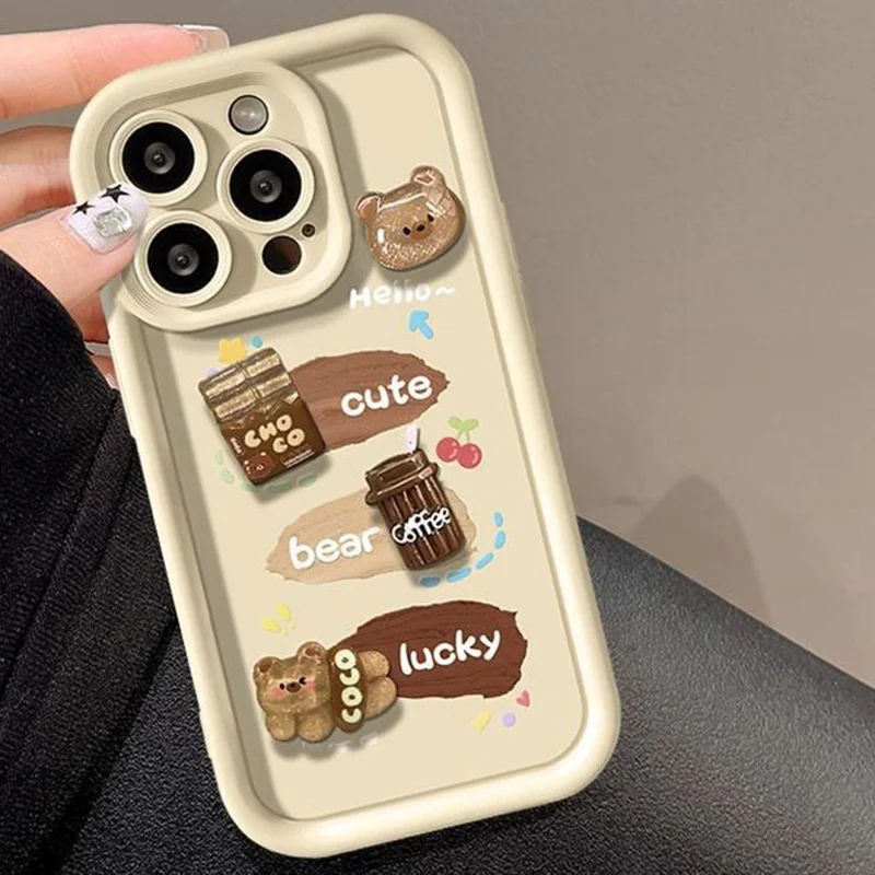 For iPhone 15 Pro Max Case 3D Coffee Bear Pattern TPU Protective Phone Cover - White