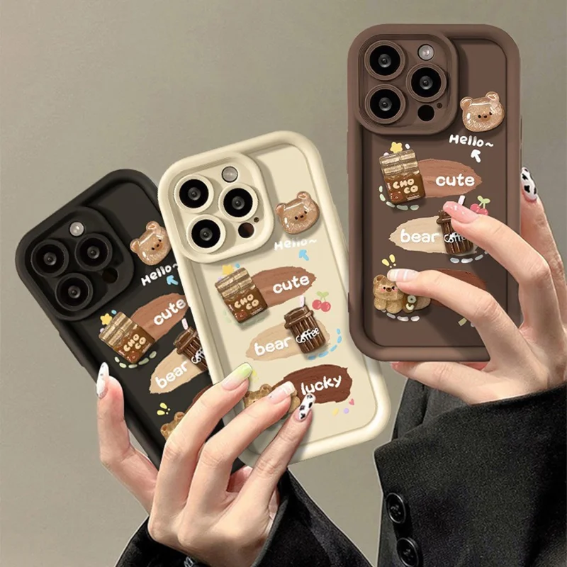 For iPhone 15 Pro Max Case 3D Coffee Bear Pattern TPU Protective Phone Cover - White