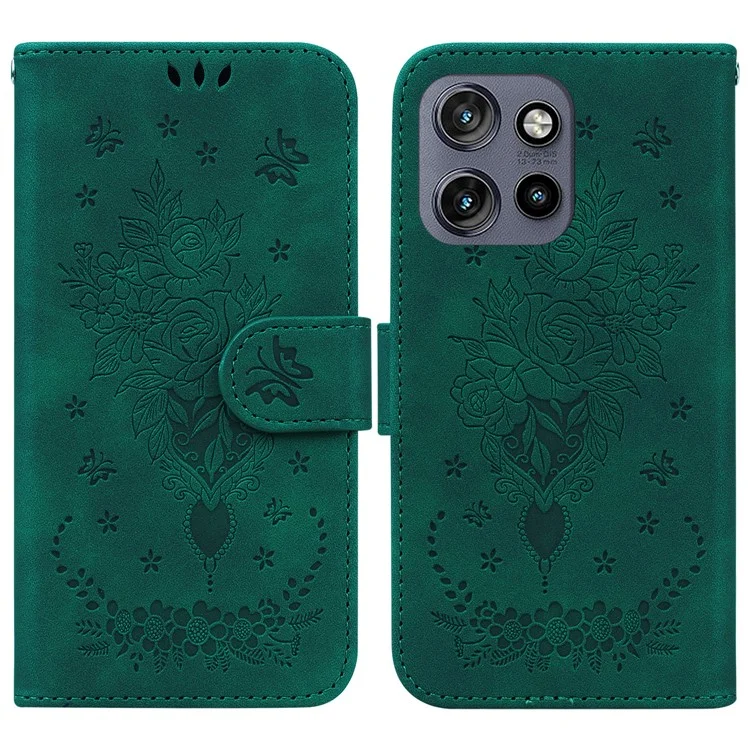 For Motorola Edge 50 Neo 5G / Moto S50 5G / Thinkphone 25 5G Case PU Leather Wallet Phone Cover Butterfly Flower Imprint - Green