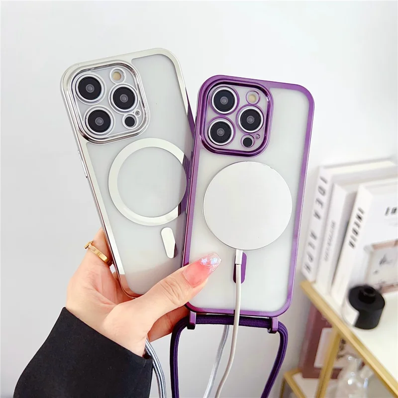 Für iPhone 16 Pro Case kompatibel mit MagSafe Elektroplattierung TPU Handy-Protektor mit langem Trageriemen - Lila