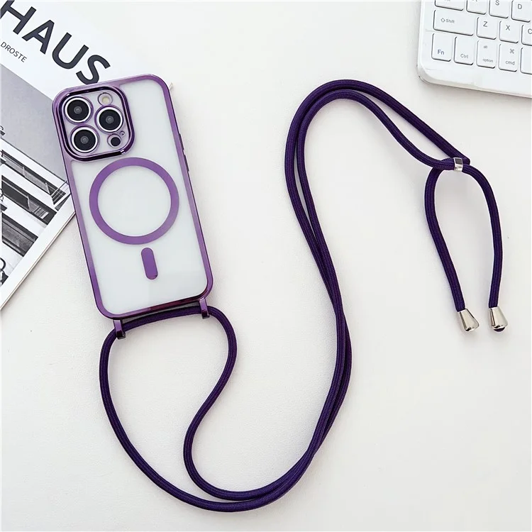Für iPhone 16 Pro Max Case Kompatibel mit MagSafe Elektroplattierung TPU Handyhülle mit langem Trageriemen - Violett