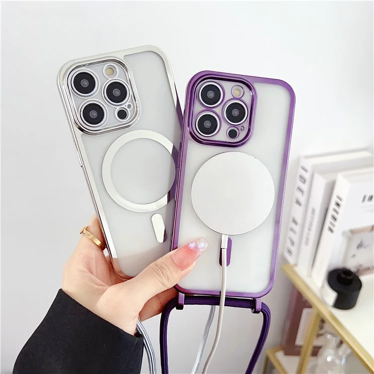 Für iPhone 16 Pro Max Case Kompatibel mit MagSafe Elektroplattierung TPU Handyhülle mit langem Trageriemen - Violett