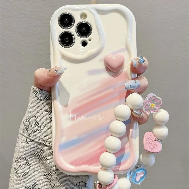 For iPhone 16 Pro Case Rainbow Graffiti 3D Heart Decor Silicone Phone Cover with Beaded Strap