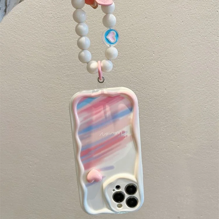 For iPhone 16 Pro Case Rainbow Graffiti 3D Heart Decor Silicone Phone Cover with Beaded Strap