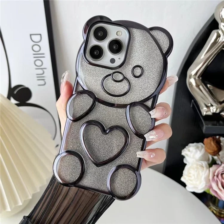 For iPhone 16 Pro Max Case Cartoon Bear Bling Glitter Electroplated TPU Phone Cover - Black