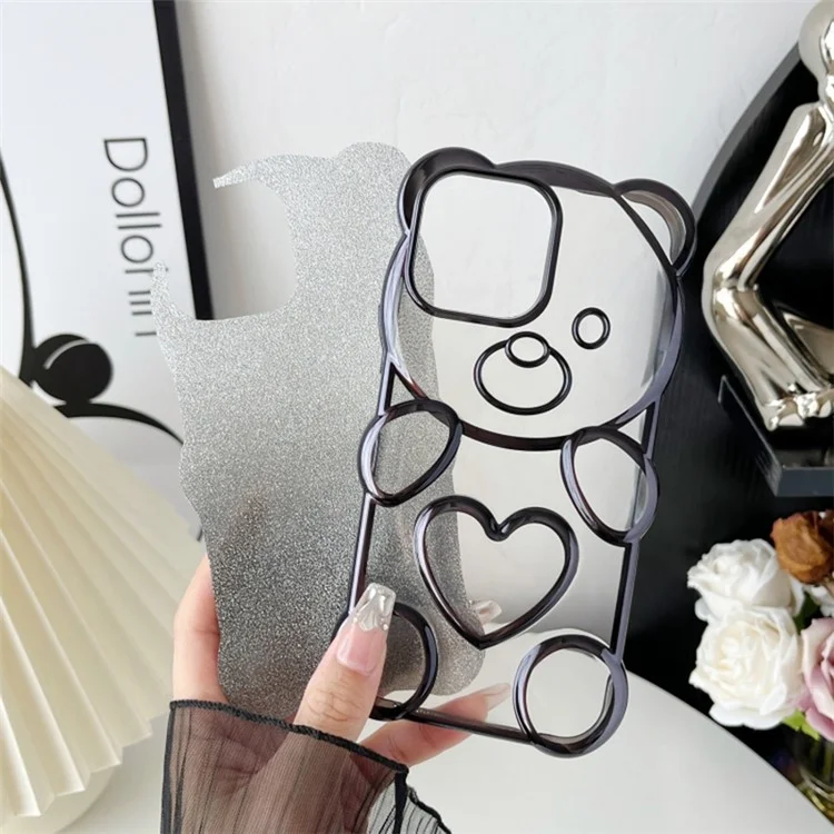 For iPhone 16 Pro Max Case Cartoon Bear Bling Glitter Electroplated TPU Phone Cover - Black