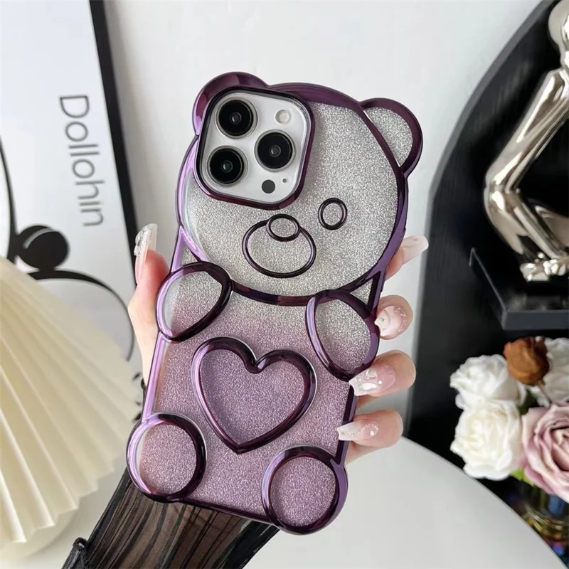 For iPhone 16 Pro Max Case Cartoon Bear Bling Glitter Electroplated TPU Phone Cover - Dark Purple