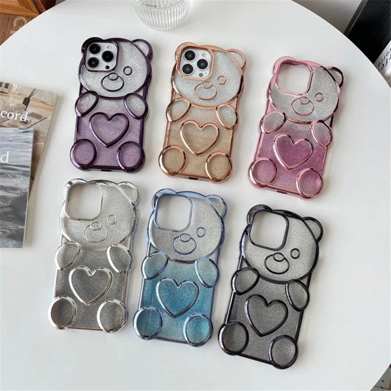 For iPhone 16 Pro Max Case Cartoon Bear Bling Glitter Electroplated TPU Phone Cover - Dark Purple