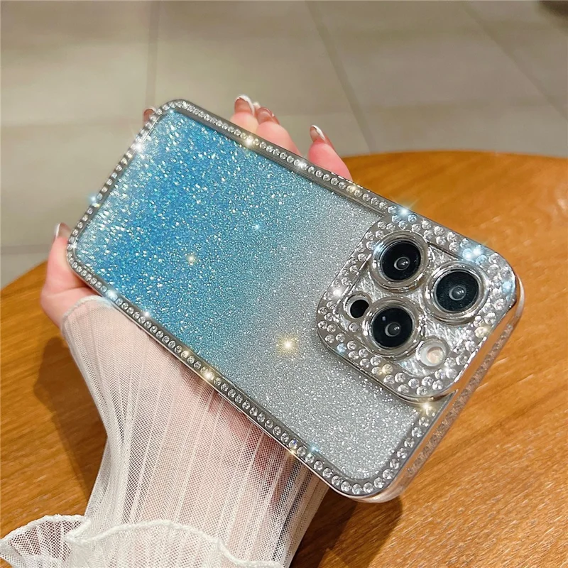 Para Iphone 16 Pro Max Case Glitter Case de Telefone Rhinestone Decor Eletroplating Protetive Cover - Gradiente Azul