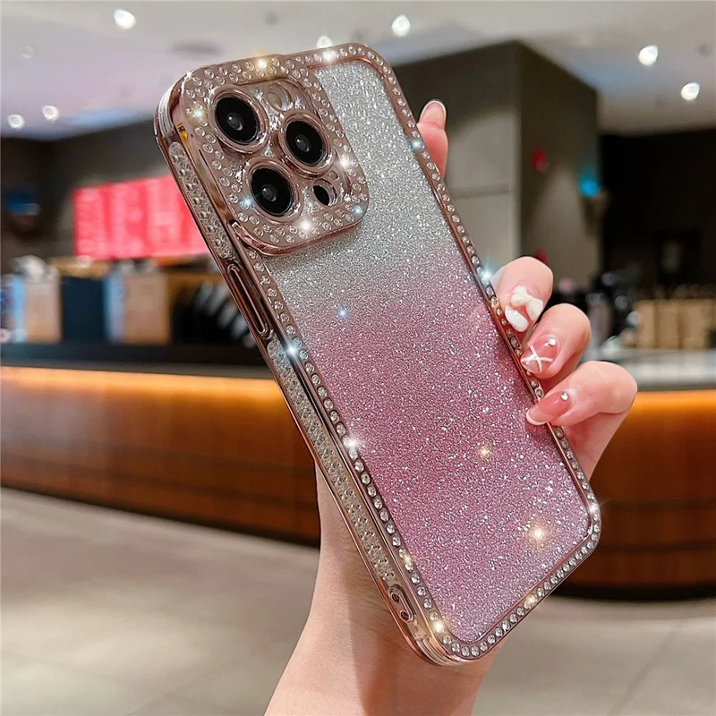 Para Iphone 16 Pro Max Case Glitter Case de Telefone Rhinestone Decor Eletroplating Protetive Cover - Gradiente Azul