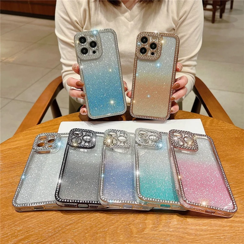 Para Iphone 16 Pro Max Case Glitter Case de Telefone Rhinestone Decor Eletroplating Protetive Cover - Gradiente Azul