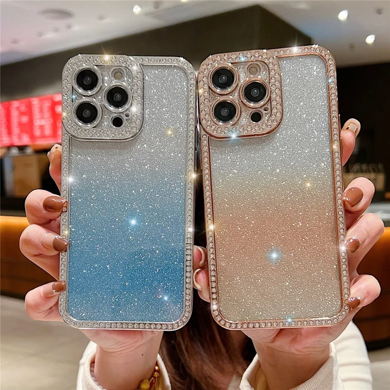 Voor iPhone 16 Pro hoesje Glitter telefoonhoesje Strass decor Verchroomde beschermer - Verloopblauw