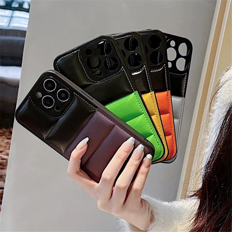 For iPhone 16 Pro Case Anti-Scratch Down Jacket PU Leather+TPU Phone Cover - Silver