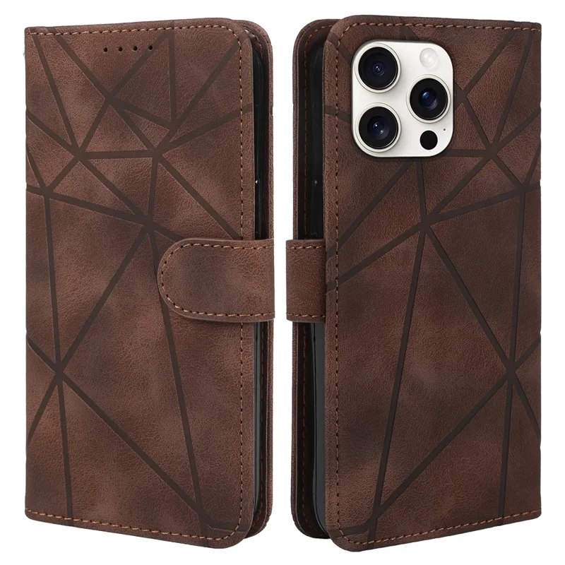 For iPhone 16 Pro Stand Case Line Pattern Leather Phone Cover - Brown
