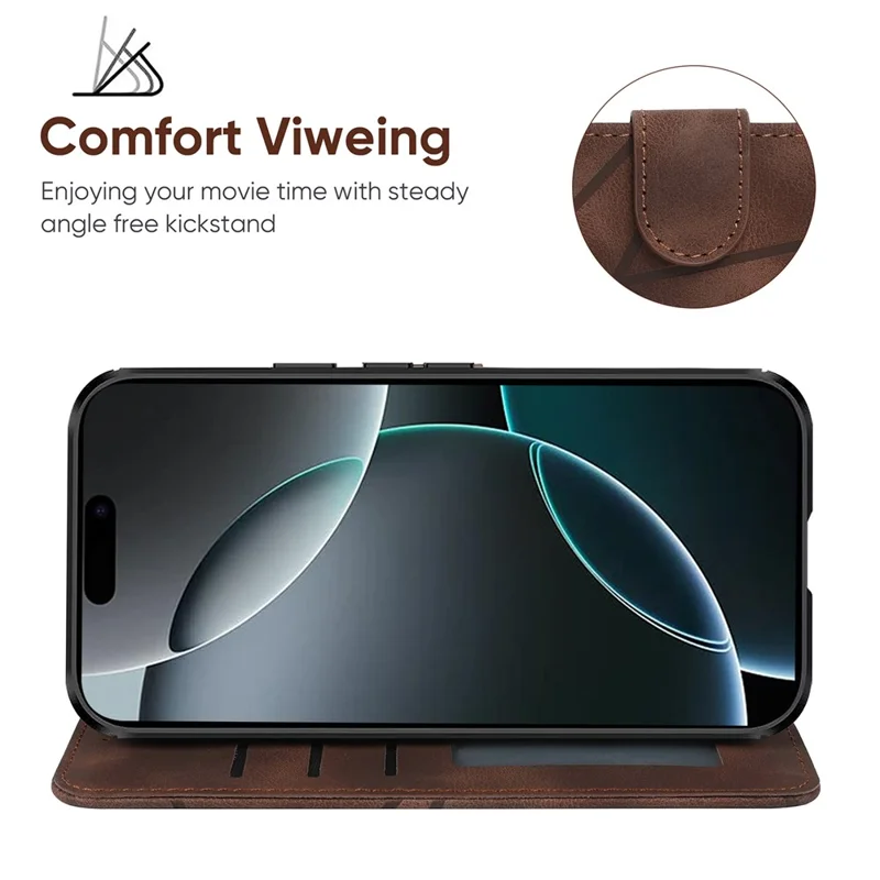 For iPhone 16 Pro Stand Case Line Pattern Leather Phone Cover - Brown