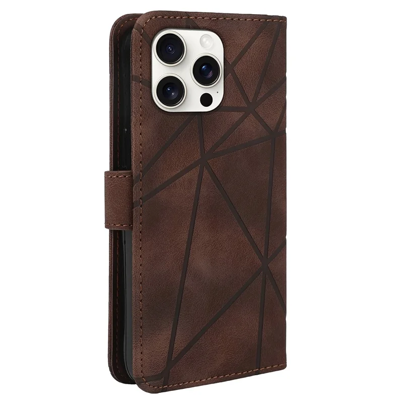 For iPhone 16 Pro Stand Case Line Pattern Leather Phone Cover - Brown