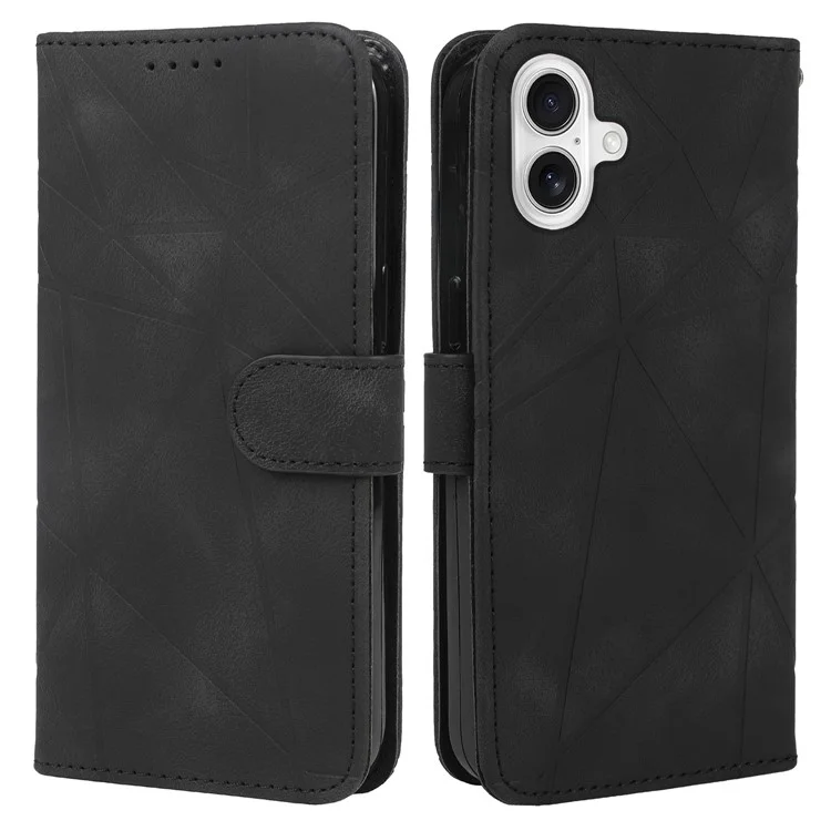 For iPhone 16 Stand Case Line Pattern Leather Phone Cover - Black