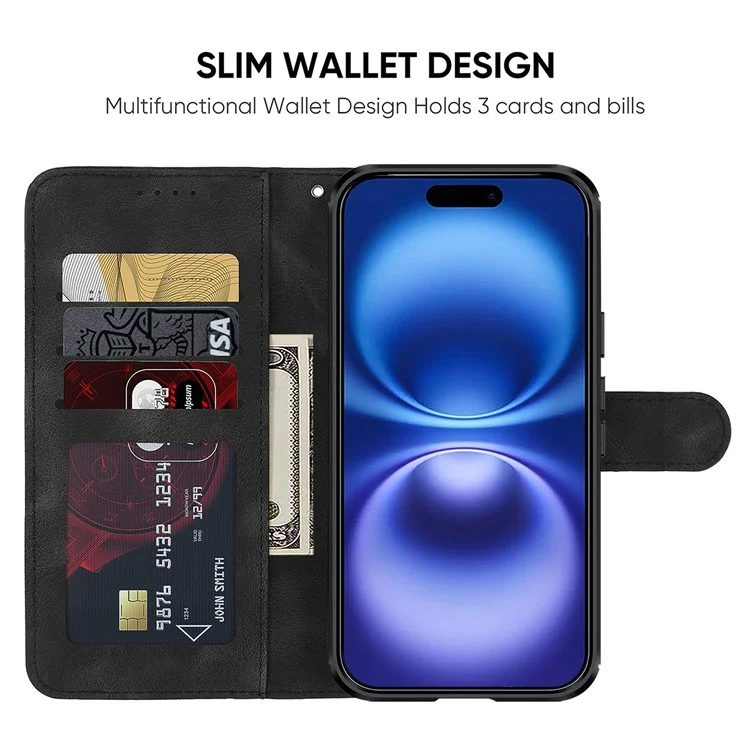 For iPhone 16 Stand Case Line Pattern Leather Phone Cover - Black