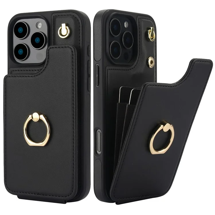 Para Iphone 16 Pro Case Holder Kickstand PU+TPU Tampo Com Alça de Ombro - Preto