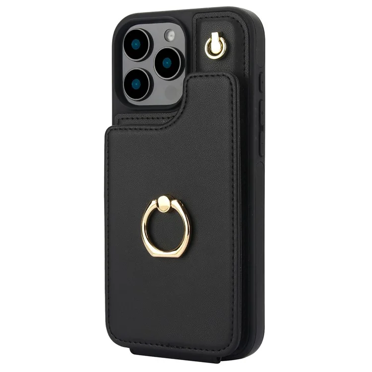 Para Iphone 16 Pro Case Holder Kickstand PU+TPU Tampo Com Alça de Ombro - Preto