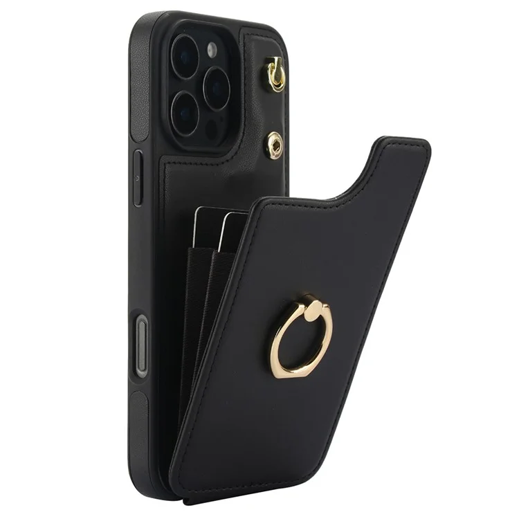 Para Iphone 16 Pro Case Holder Kickstand PU+TPU Tampo Com Alça de Ombro - Preto