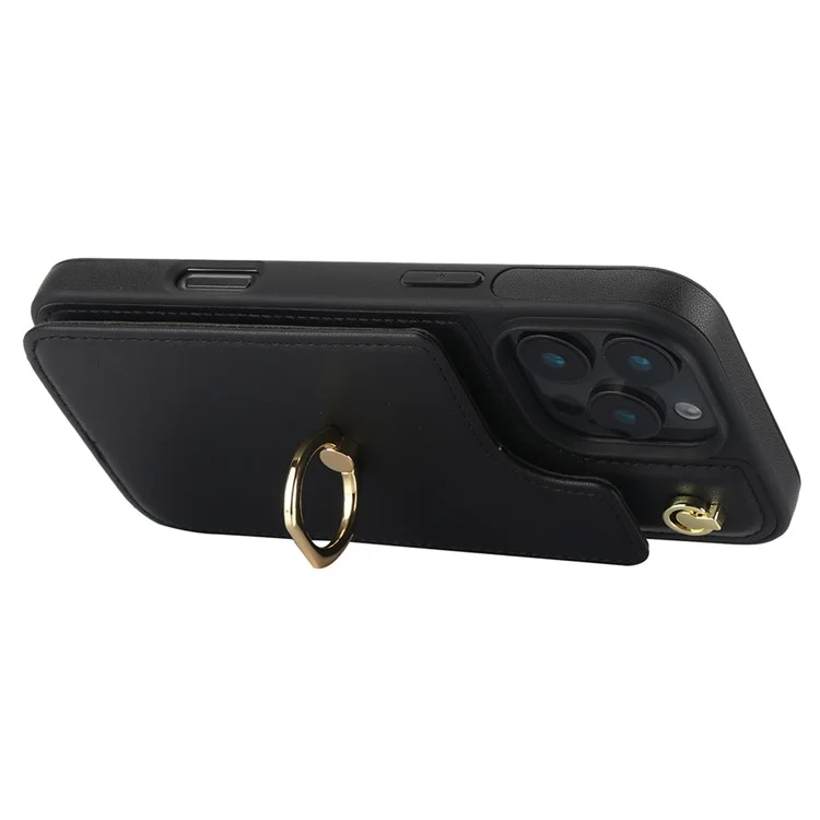 Para Iphone 16 Pro Case Holder Kickstand PU+TPU Tampo Com Alça de Ombro - Preto
