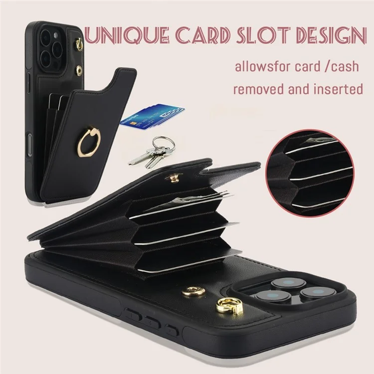 Para Iphone 16 Pro Case Holder Kickstand PU+TPU Tampo Com Alça de Ombro - Preto