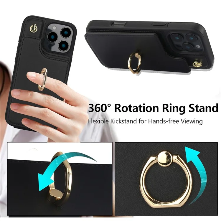 Para Iphone 16 Pro Case Holder Kickstand PU+TPU Tampo Com Alça de Ombro - Preto
