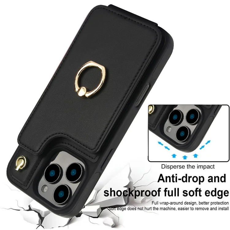 Para Iphone 16 Pro Case Holder Kickstand PU+TPU Tampo Com Alça de Ombro - Preto