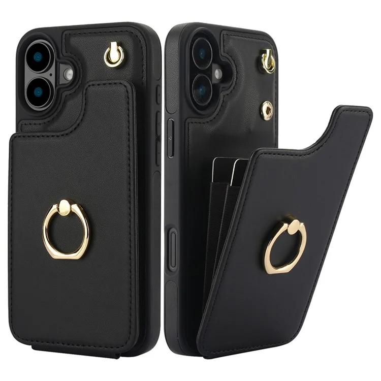 Para o Iphone 16 Plus Casal Holder Kickstand PU+TPU Tampo Com Alça de Ombro - Preto