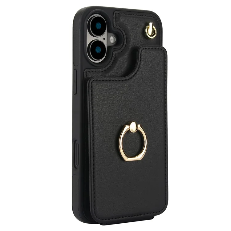 Para o Iphone 16 Plus Casal Holder Kickstand PU+TPU Tampo Com Alça de Ombro - Preto