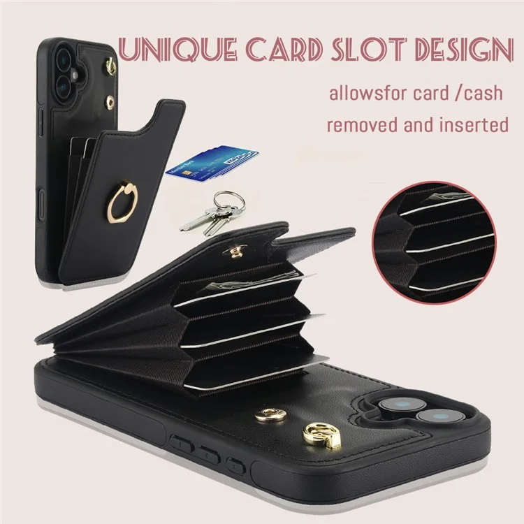 Para o Iphone 16 Plus Casal Holder Kickstand PU+TPU Tampo Com Alça de Ombro - Preto