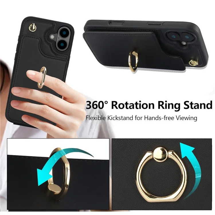 Para o Iphone 16 Plus Casal Holder Kickstand PU+TPU Tampo Com Alça de Ombro - Preto