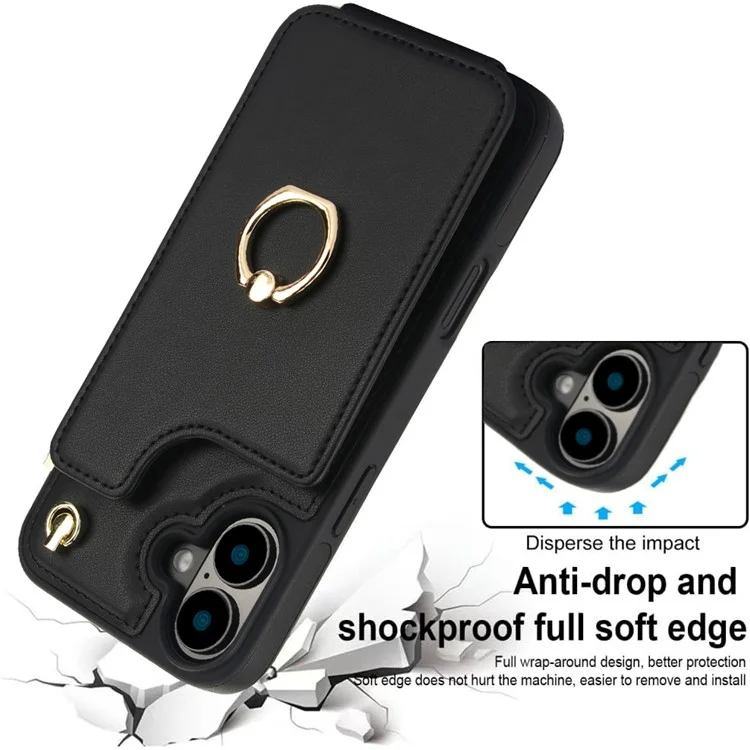 Para o Iphone 16 Plus Casal Holder Kickstand PU+TPU Tampo Com Alça de Ombro - Preto