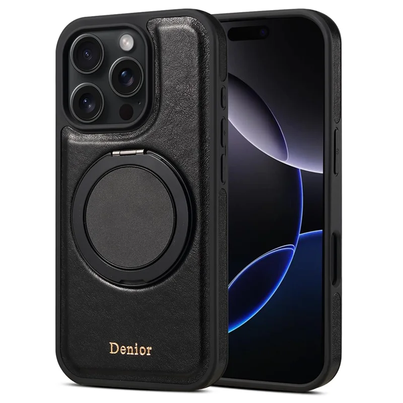 Denior Para Iphone 16 Pro Max Case Giratoria Rotación de Pata de Patada Magnética Greena de Cuero de Vaca Genuina - Negro