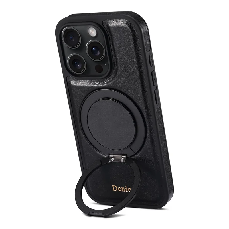 Denior Para Iphone 16 Pro Max Case Giratoria Rotación de Pata de Patada Magnética Greena de Cuero de Vaca Genuina - Negro