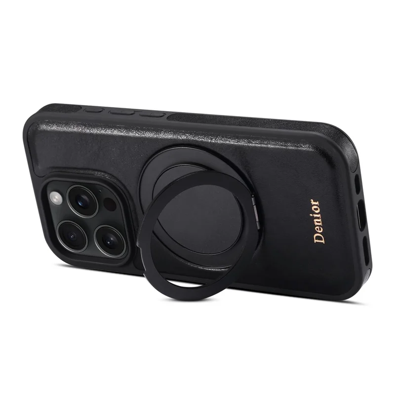 Denior Para Iphone 16 Pro Max Case Giratoria Rotación de Pata de Patada Magnética Greena de Cuero de Vaca Genuina - Negro