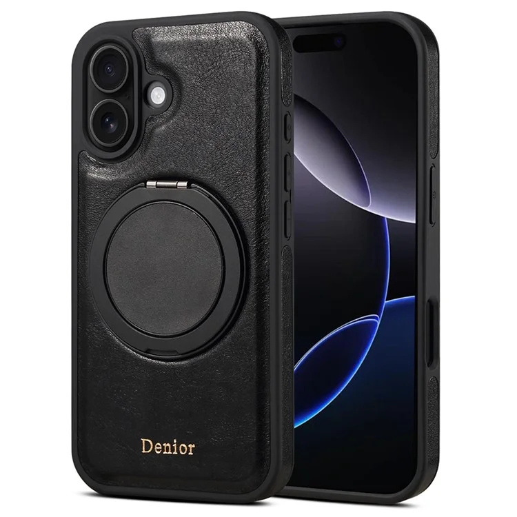 Отрицание Для Iphone 16 Case Roving Magnetic Kickstand Подлинная Кожаная Кожаная Обложка - Черный