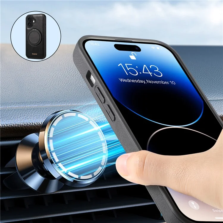 Отрицание Для Iphone 16 Case Roving Magnetic Kickstand Подлинная Кожаная Кожаная Обложка - Черный