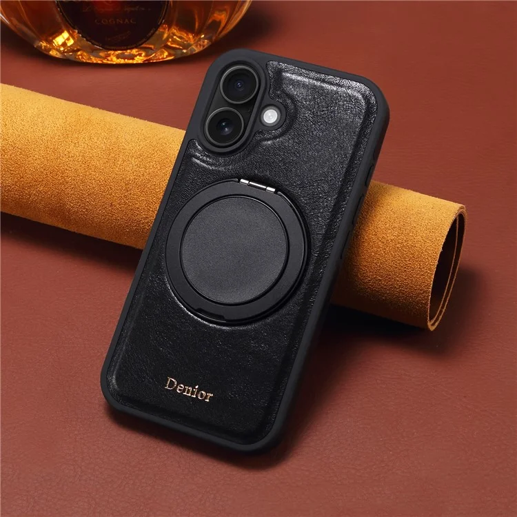 Отрицание Для Iphone 16 Case Roving Magnetic Kickstand Подлинная Кожаная Кожаная Обложка - Черный