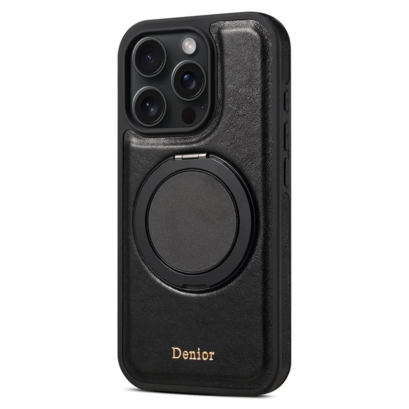 DENIOR For iPhone 16 Pro Case Rotating Magnetic Kickstand Genuine Cow Leather Phone Back Cover - Black