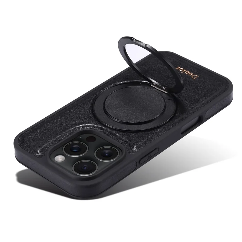 DENIOR For iPhone 16 Pro Case Rotating Magnetic Kickstand Genuine Cow Leather Phone Back Cover - Black