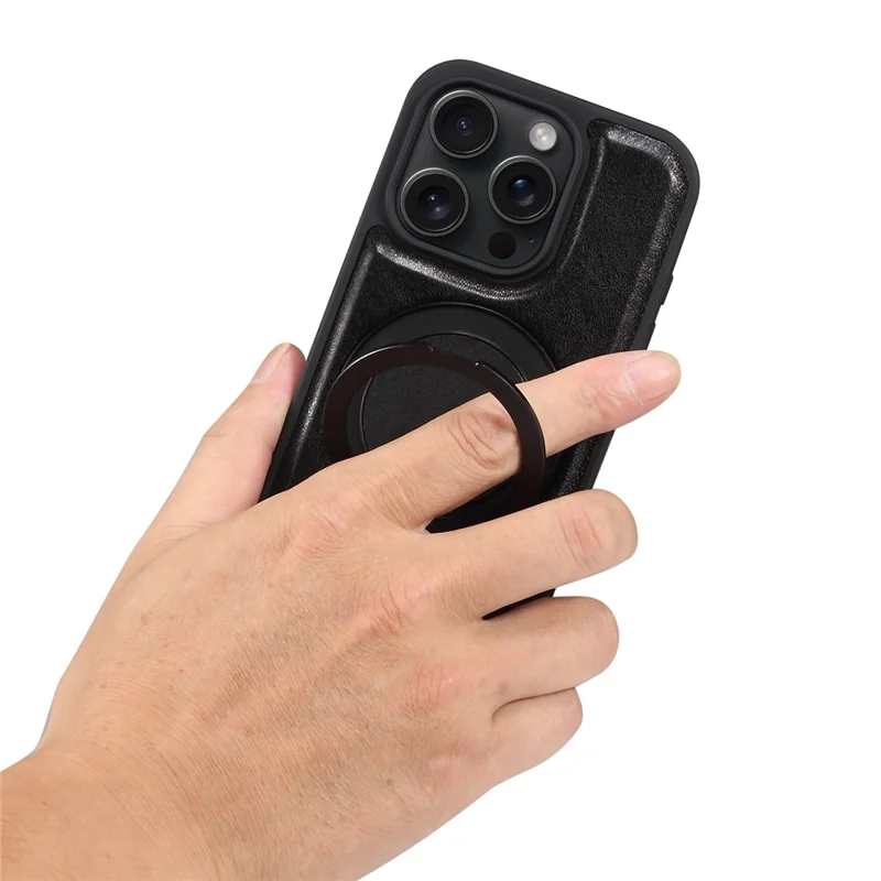 DENIOR For iPhone 16 Pro Case Rotating Magnetic Kickstand Genuine Cow Leather Phone Back Cover - Black